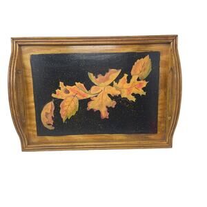 Vintage Large Wood Tray W/ Handles & Oak Tree Leaves Black Painted 18" x 13"